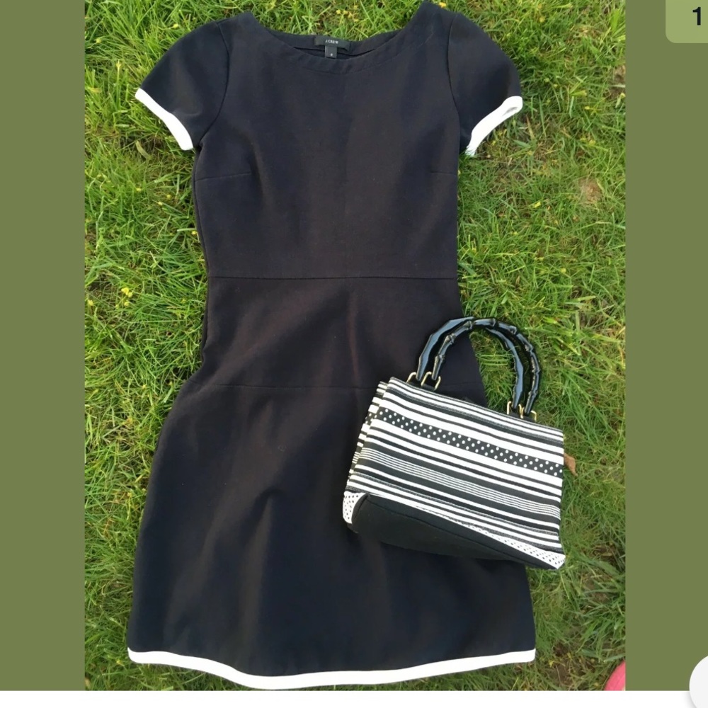 J Crew Navy Dress and Stripped Polka Dot Handbag